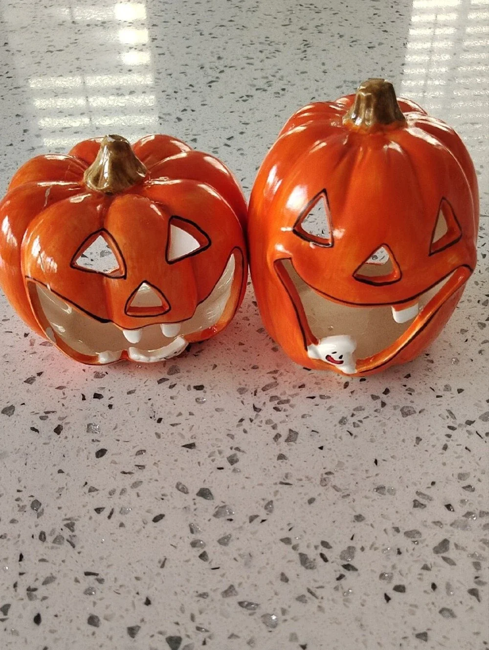 Vintage Orange Ceramic Jack-O'-Lantern Tealight Set - Halloween Home Accent